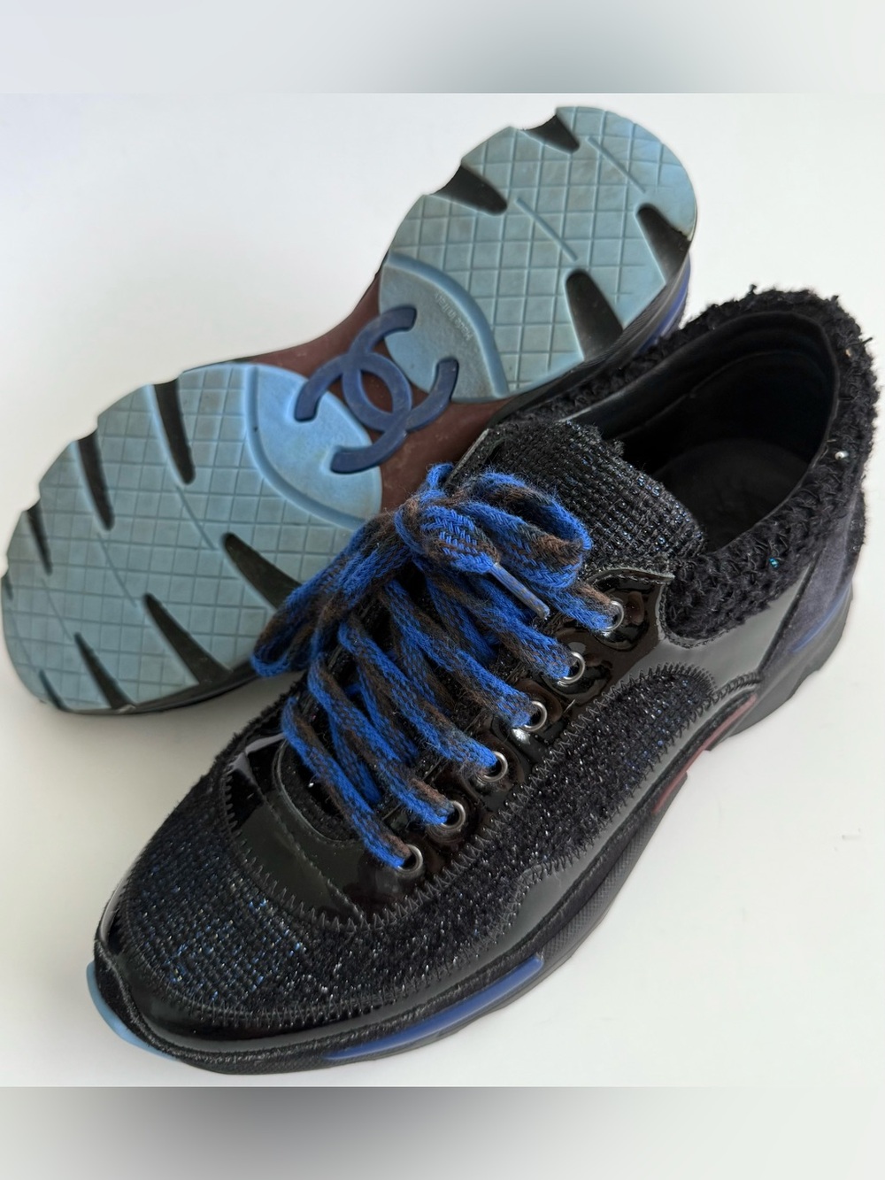 CHANEL CC Tweed Leather Black Navy Trainers Sneakers Shoes